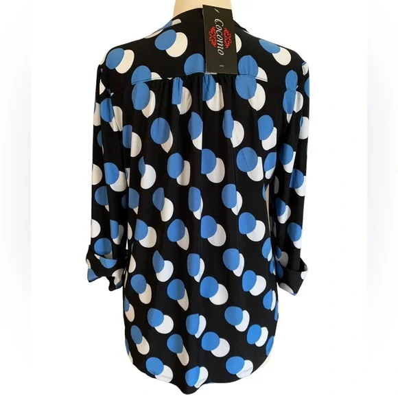 COCOMO Large Black blue white 3/4 sleeve studded women's Pintuck Blouse shirt - Picture 7 of 16